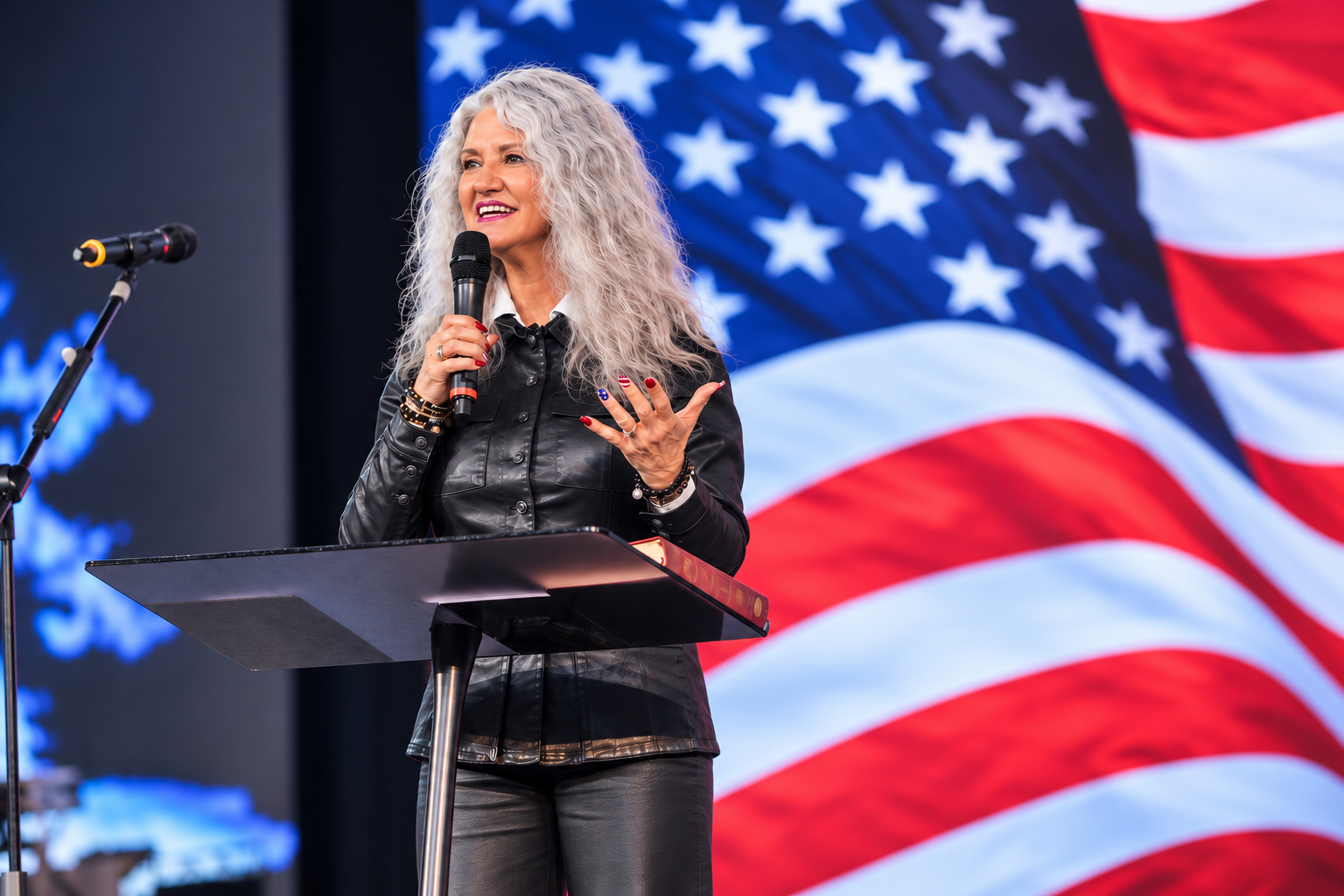 Carla Rae speaking at event with American flag backdrop