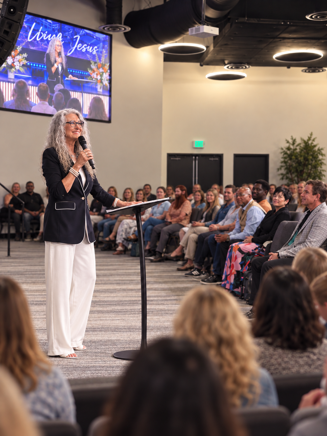 Carla Rae speaking to a full audience at church event